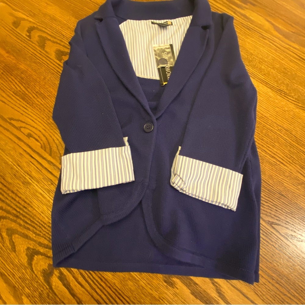 Sweaterworks navy one button  sweater with contrasting cuffs. Sz M